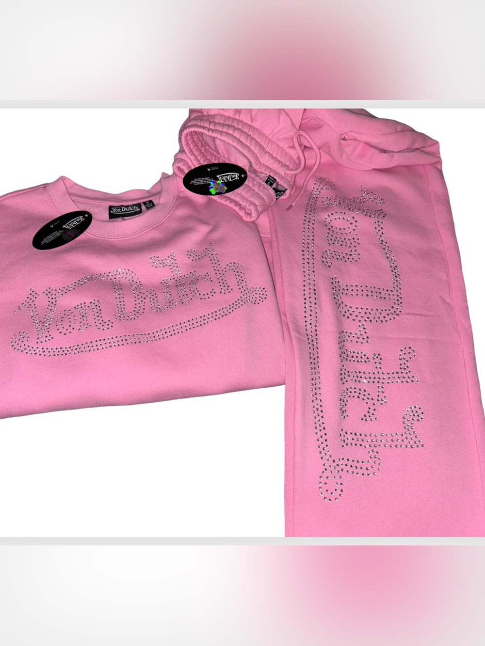 VON DUTCH BLING PINK FLEECE TRACKSUIT SWEATSUIT W/ CLEAR RHINESTONE LOGO NWT